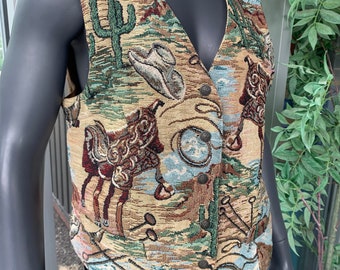 KAREN SCOTT Vintage Desert Tapestry Print Vest - Brown - Size L