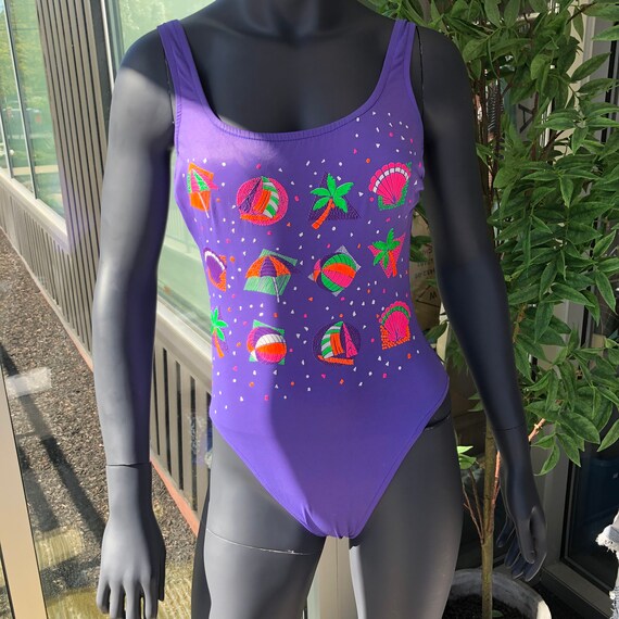 Vintage Purple Beach Fun High-Leg One-Piece Swimsu