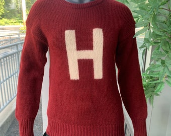 VARSITY ATHLETIC 100% Wool H Vintage 92' Heavy Knit Sweater - Burgundy - Size XS