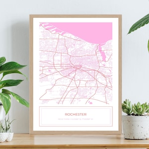 Map of Rochester New York Map, Modern Rochester Map, Modern Map Art, Map Print, Map Art Print Pink, Digital Download, Digital Download ONLY