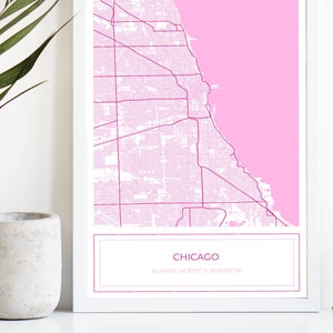 Chicago kaart, kaart van Chicago, roze Chicago kaart, Chicago poster, kaart van Chicago, stadsplattegrond, Chicago, kaart Art Print, roze, alleen digitale download