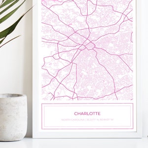 Carte de Charlotte, Carte de Charlotte, Carte de Charlotte rose, Affiche, Carte de Charlotte, Plan de la ville, Charlotte, Map Art, Rose, Téléchargement numérique SEULEMENT