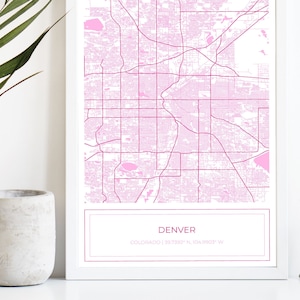 Denver kaart, kaart van Denver, roze Denver kaart, Denver poster, kaart van Denver, stadsplattegrond, Denver, kaart Art Print Denver, roze, digitale download ALLEEN