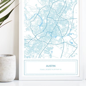 Austin kaart, kaart van Austin, blauwe Austin kaart, Austin poster, kaart van Austin, stadsplattegrond, slaapkamer muur decor boven het bed, alleen digitale download