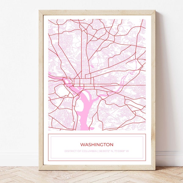 Map of Washington DC, Washington DC Map, Washington Map, Map Art Print Pink, Map Art Print, Pink, Digital Download, Digital Download ONLY