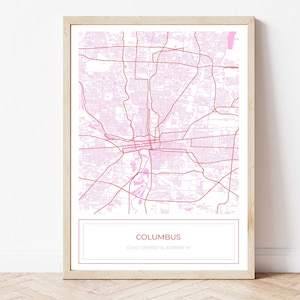 Columbus kaart, kaart van Columbus, roze Columbus kaart, Columbus poster, kaart van Columbus, stadsplattegrond, kaart Art Print, roze, alleen digitale download