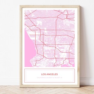 Los Angeles kaart, kaart van Los Angeles, roze Los Angeles kaart, Los Angeles poster, stad, Los Angeles, kaart Art Print, roze, alleen digitale download