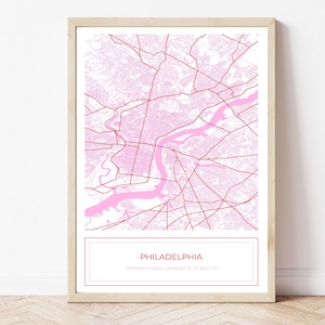 Philadelphia kaart, roze Philadelphia kaart, Philadelphia poster, stadsplattegrond, kaart van Philadelphia, kaart Art Print, roze, alleen digitale download