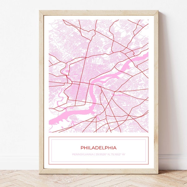 Philadelphia Map, Pink Philadelphia Map, Philadelphia Poster, City Map, Map of Philadelphia, Map Art Print, Pink, Digital Download ONLY