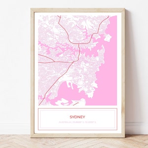 Map of Sydney Australia, Sydney Australia Map, Sydney Map, Modern Sydney Map, Map Art Print Pink, Digital Download, Digital Download ONLY
