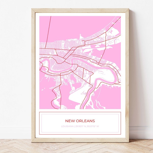 Map of New Orleans Louisiana, New Orleans Louisiana Map, New Orleans Map, Map Art Print Pink, Digital Download, Digital Download ONLY