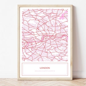 Karte von London England, London England Karte, London England Karte, moderne Karte, Karte Kunstdruck Rosa, digitaler Download, digitaler Download NUR