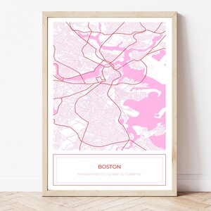 Boston kaart, kaart van Boston, roze Boston kaart, Boston poster, kaart van Boston, stadsplattegrond, Boston, kaart Art Print Boston, roze, alleen digitale download