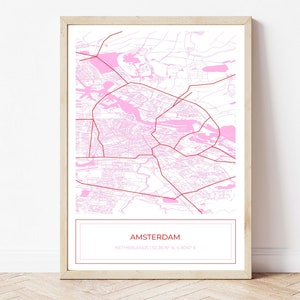 Karte von Amsterdam Niederlande, Amsterdam Niederlande Karte, Amsterdam Karte, Modern, Karte Kunstdruck Rosa, digitaler Download, NUR digitaler Download