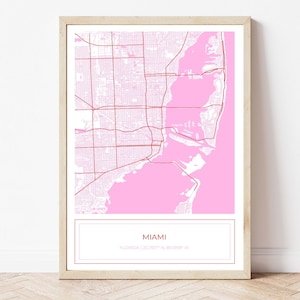 Kaart van Miami, kaart van Miami, roze Miami kaart, Miami poster, kaart van Miami, stadsplattegrond, Miami Street kaart, kaart Art Print, roze, digitale download ALLEEN