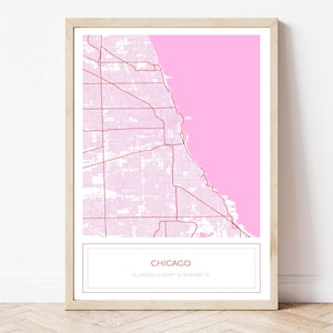 Chicago kaart, kaart van Chicago, roze Chicago kaart, Chicago poster, kaart van Chicago, stadsplattegrond, Chicago, kaart Art Print, roze, alleen digitale download