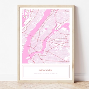 Kaart van New York City, kaart New York City, roze kaart, New York City poster, kaart van NYC, stadsplattegrond, NYC, kaart kunst, roze, digitale download ALLEEN