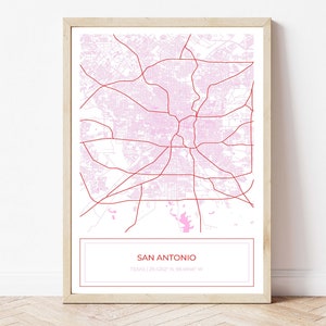 San Antonio kaart, kaart van San Antonio, roze San Antonio kaart, San Antonio poster, stadsplattegrond, San Antonio, kaart kunst, roze, alleen digitale download