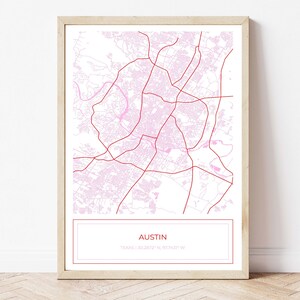 Austin kaart, kaart van Austin, roze Austin kaart, Austin poster, kaart van Austin, stadsplattegrond, slaapkamer wand decor boven het bed, alleen digitale download