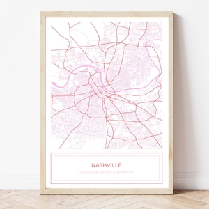 Nashville kaart, kaart van Nashville, roze Nashville kaart, Nashville poster, kaart van Nashville, stadsplattegrond, kaart Art Print, roze, digitale download ALLEEN