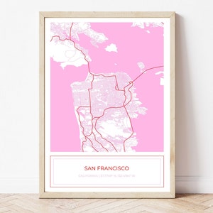 San Francisco kaart, kaart van San Francisco, San Francisco poster, kaart van San Francisco, stadsplattegrond, kaart Art Print, roze, alleen digitale download