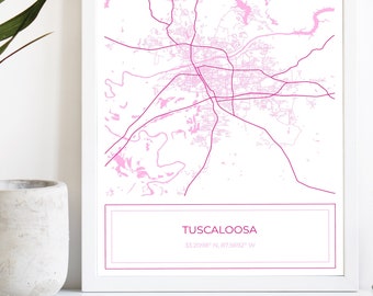 タスカルーサの地図、タスカルーサの地図、ピンクのタスカルーサの地図、タスカルーサのポスター、市内地図、タスカルーサ、地図アートプリント、ピンク、デジタルダウンロードのみ