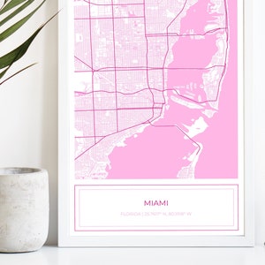Kaart van Miami, kaart van Miami, roze Miami kaart, Miami poster, kaart van Miami, stadsplattegrond, Miami, kaart Art Print Miami, roze, kaart, alleen digitale download