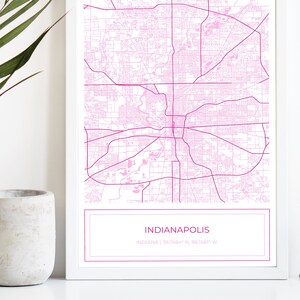 Indianapolis kaart, kaart van Indianapolis, roze Indianapolis kaart, poster, stadsplattegrond, Indianapolis, kaart Art Print, roze, digitale download ALLEEN