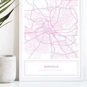 Nashville kaart, kaart van Nashville, roze Nashville kaart, Nashville poster, stadsplattegrond, Nashville, kaart Art Print, roze, digitale download ALLEEN
