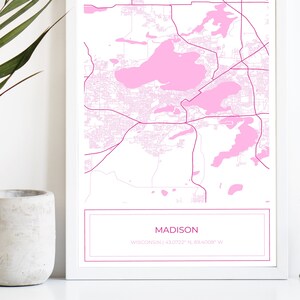 Madison kaart, kaart van Madison, roze Madison kaart, Madison poster, kaart van Madison, stadsplattegrond, Madison, kaart Art Print, roze, digitale download ALLEEN