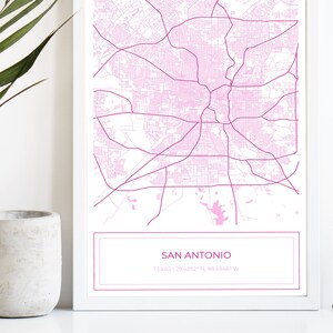 Kaart van San Antonio, kaart van San Antonio, roze kaart van San Antonio, poster van San Antonio, stadsplattegrond, San Antonio, kaart kunst, roze, alleen digitale download