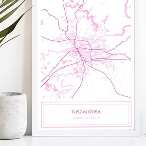 Tuscaloosa kaart, kaart van Tuscaloosa, roze Tuscaloosa kaart, Tuscaloosa poster, stadsplattegrond, Tuscaloosa, kaart Art Print, roze, alleen digitale download
