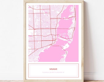 Miami Map, Map of Miami, Pink Miami Map, Miami Poster, Map of Miami, City Map, Miami Street Map, Map Art Print, Pink, Digital Download ONLY