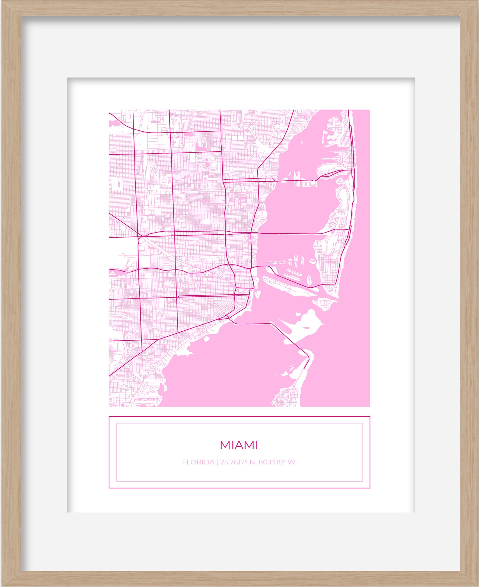 Miami Map, Map of Miami, Pink Miami Map, Miami Poster, Map of Miami ...
