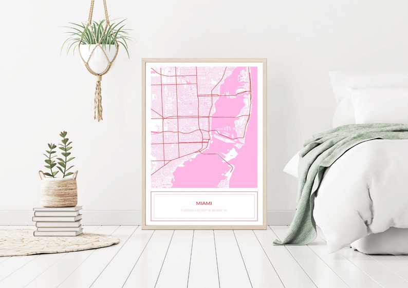 Miami Map, Map of Miami, Pink Miami Map, Miami Poster, Map of Miami ...