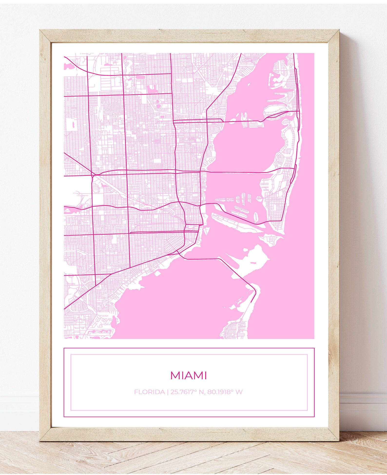 Miami Map, Map of Miami, Pink Miami Map, Miami Poster, Map of Miami ...