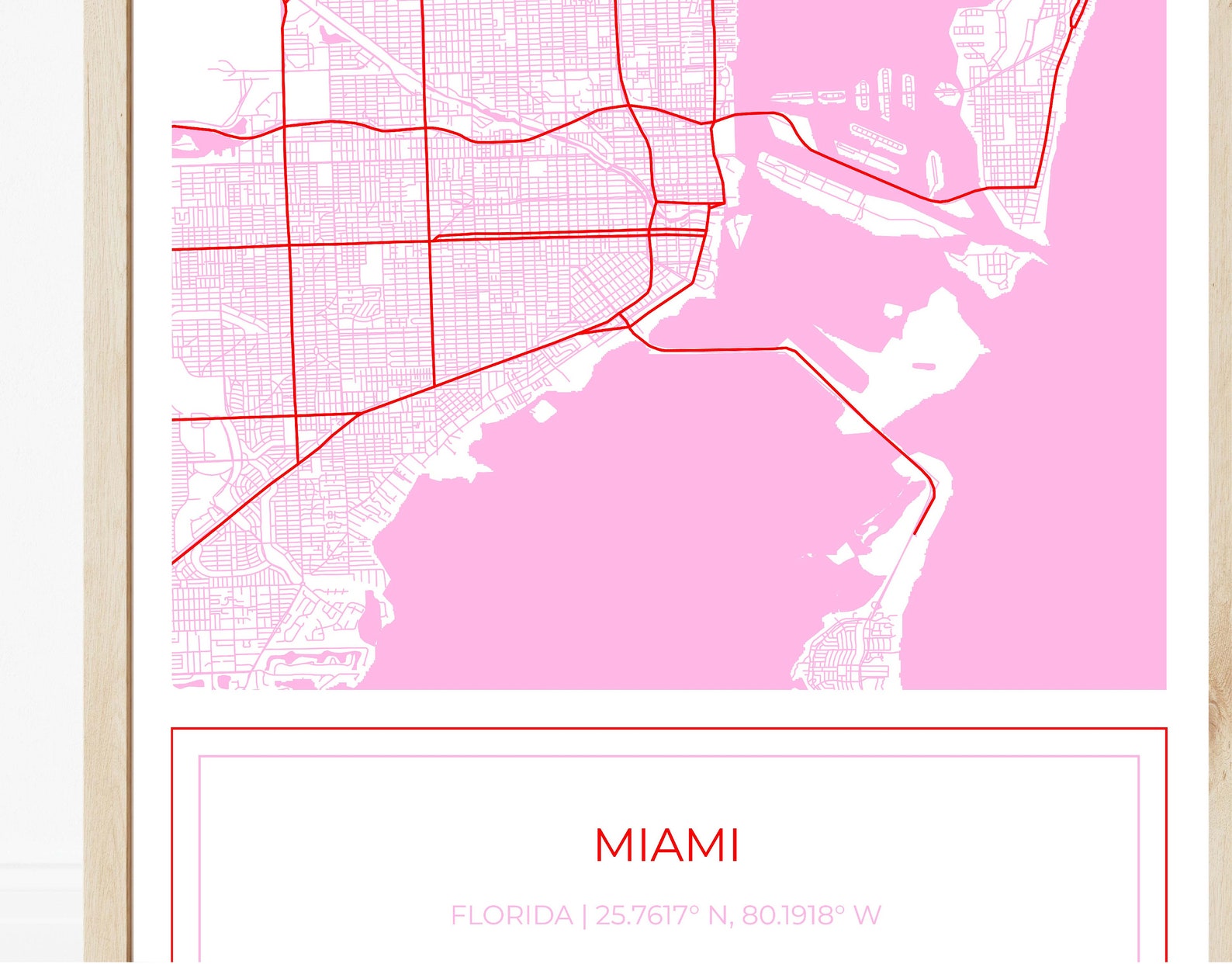 Miami Map, Map of Miami, Pink Miami Map, Miami Poster, Map of Miami ...