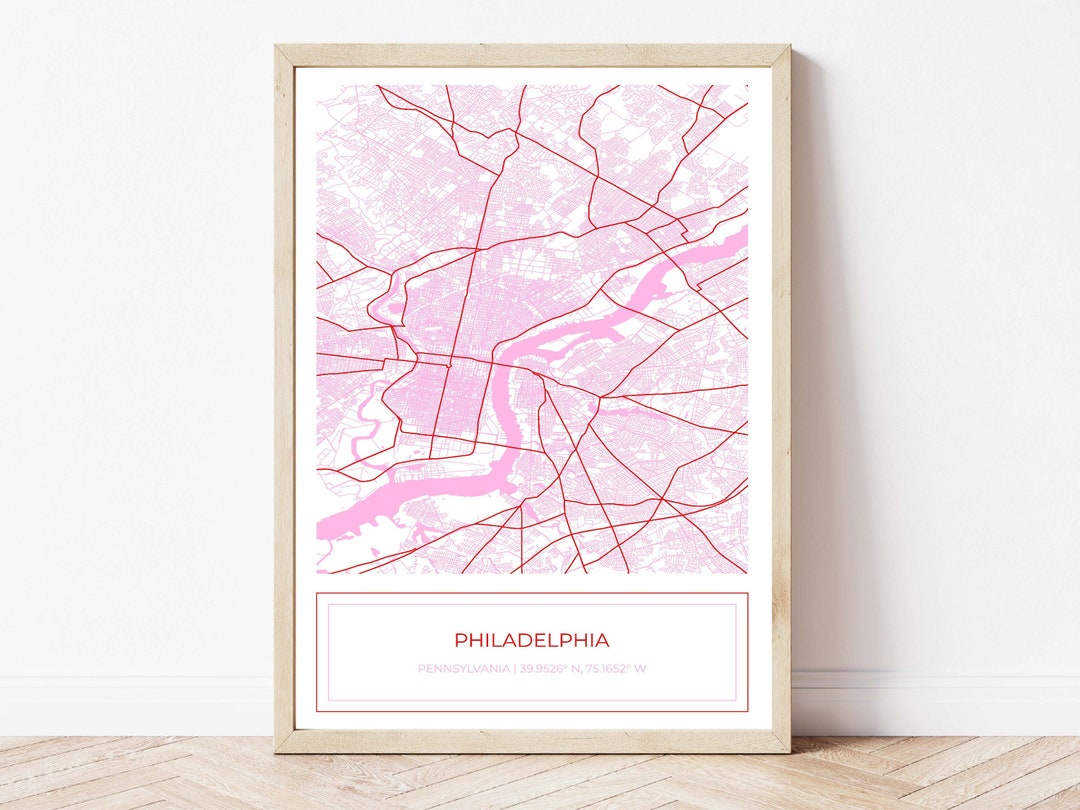 Philadelphia Map, Pink Philadelphia Map, Philadelphia Poster, City Map