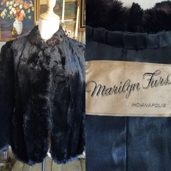 Vintage 1930's Black Sheared Beaver Fur Cape Marilyn Furs//Glam//Pin-up//Holidays//One Size