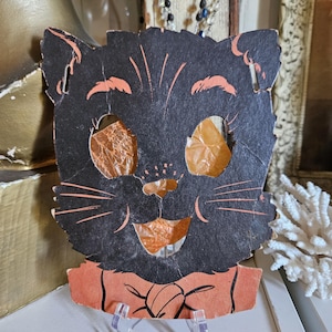 Lanterne d'Halloween chat noir vintage des années 1930 I Partielle I Panneau I Décoration d'Halloween