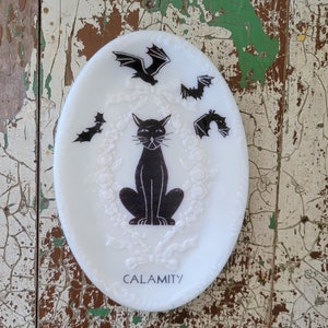 Vintage Black Cat Altered Art Decorative Hanging Wall Plate I Sz 9.5&quot; Oval I Milk Glass Plate