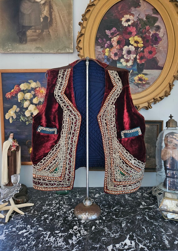 Vtg 1960's Burgundy Velvet Embroidered Afgan Moroc