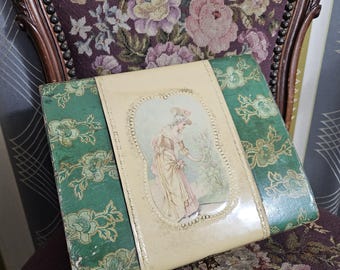 Antique Victorian 1900s Green Ivory Floral Celluloid Hankerchief Box