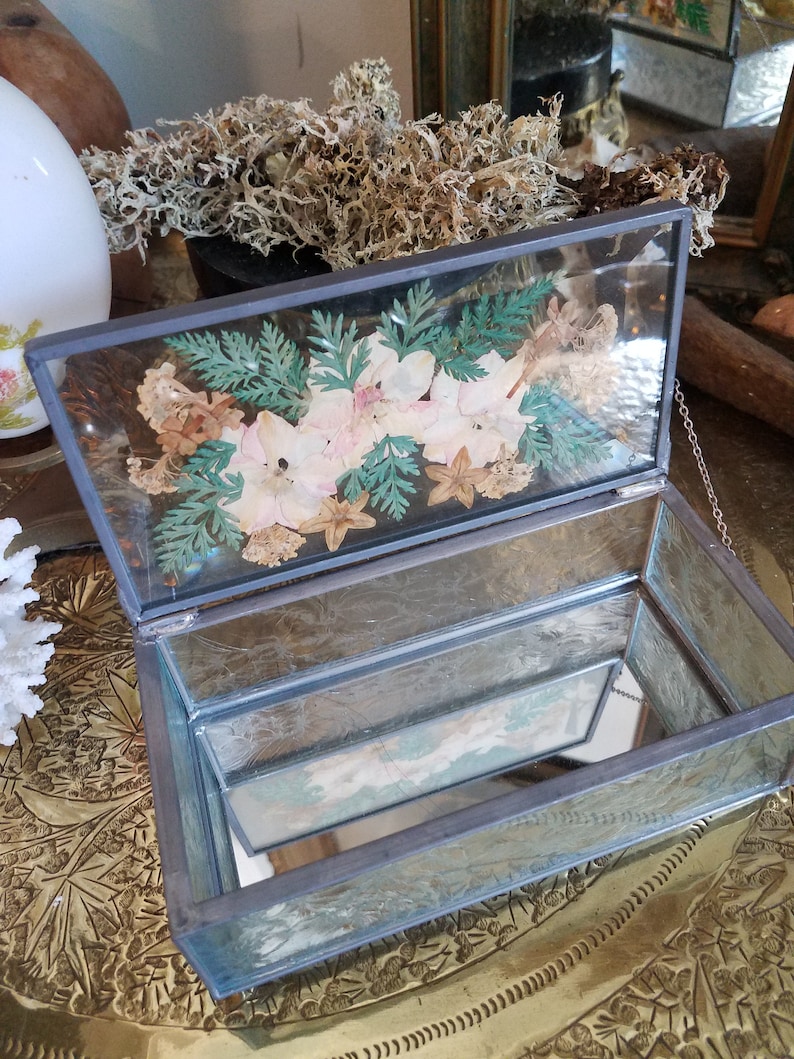 Vintage Beveled Lidded Jewelry Box with Pressed Dried Flowers