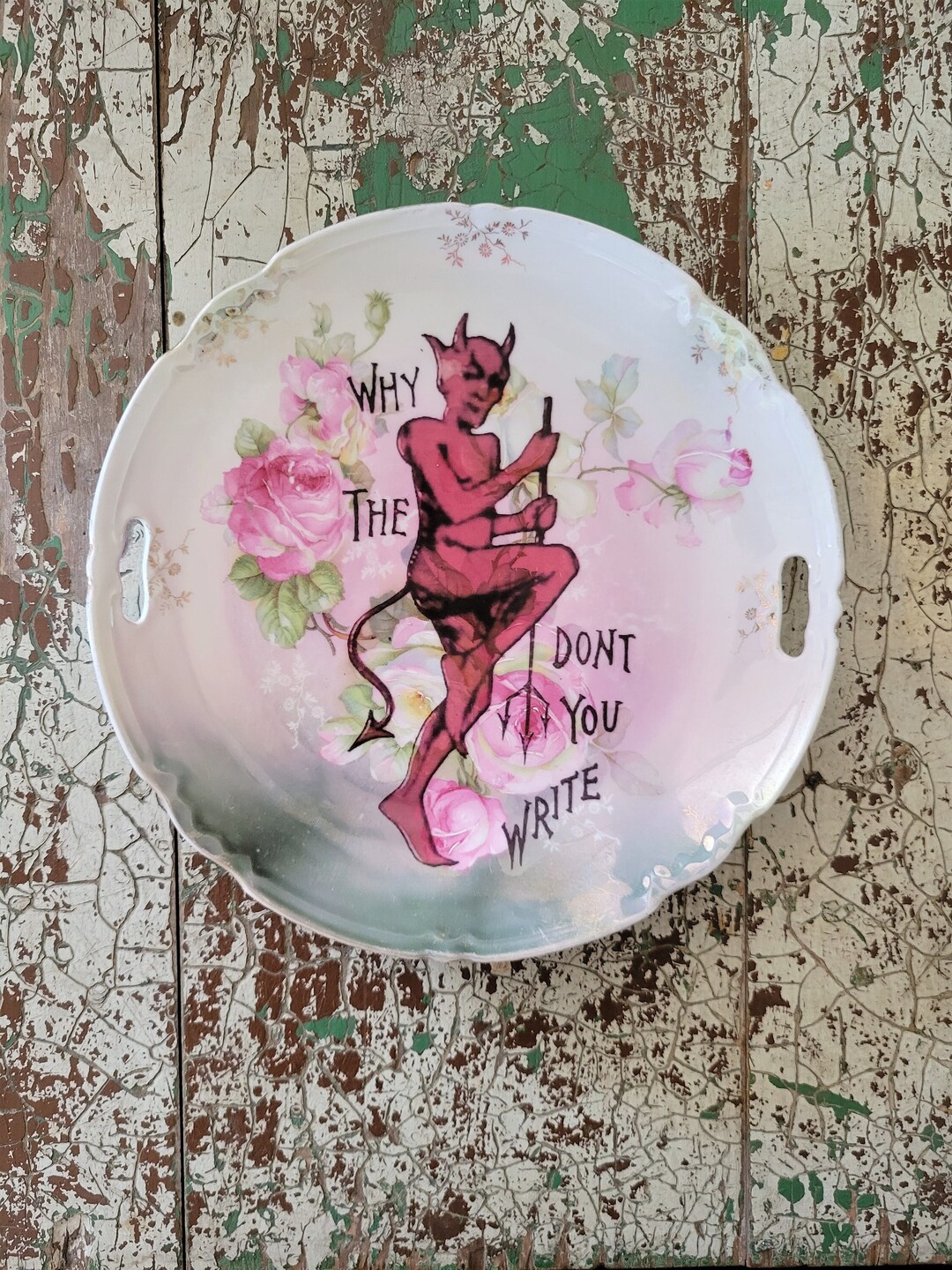 X LRG Red Devil Vintage Altered Art Decorative Hanging Wall Plate I Sz ...