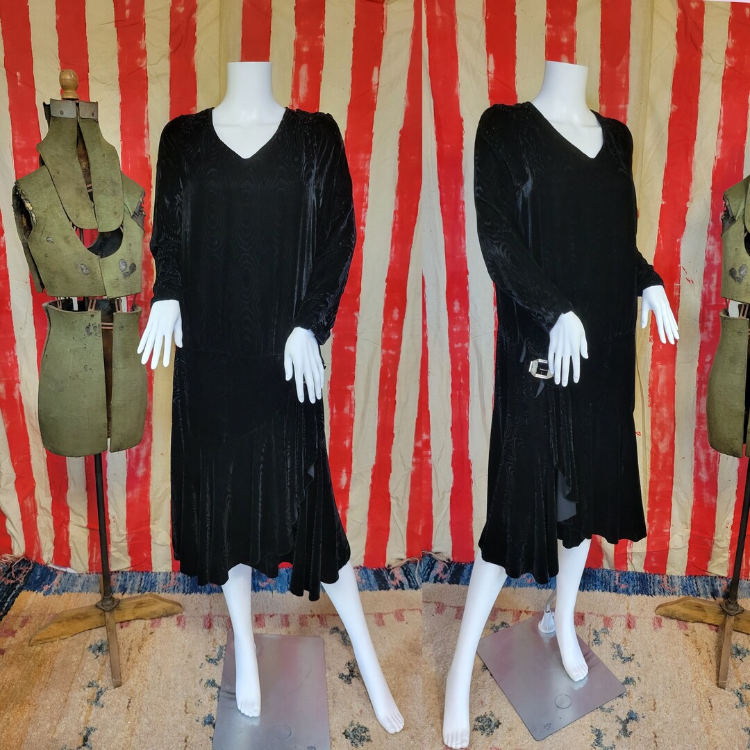 Art Deco 1920's Black Silk Velvet Moire Flapper Dress I Sz Med I Gatsby ...