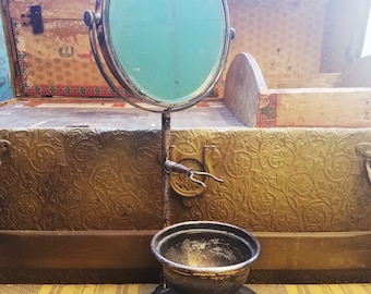 Vintage Victorian Apollo Etsched Silver Plate Shaving Mirror with Stand