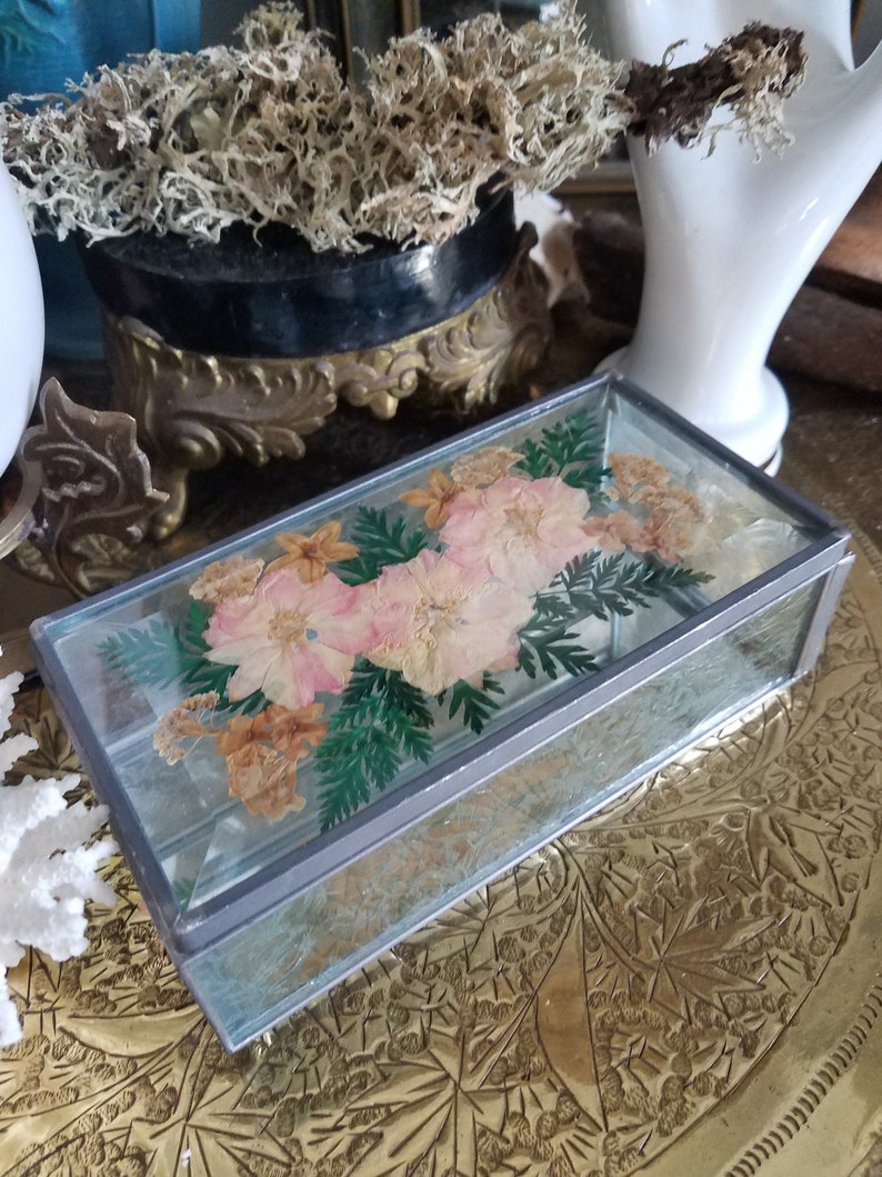 Vintage Beveled Lidded Jewelry Box with Pressed Dried Flowers