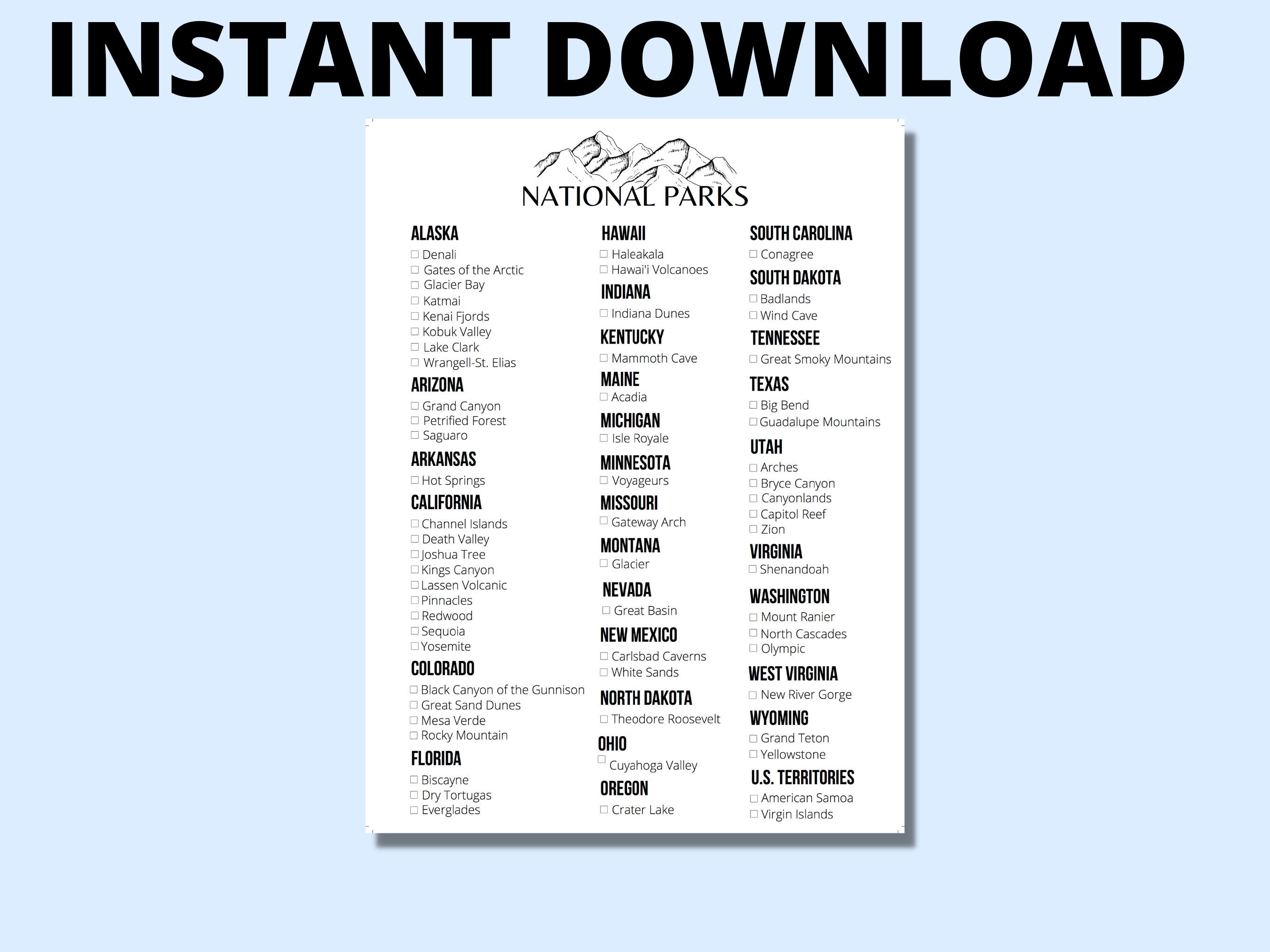 National Park Checklist Printable Digital Download United States National Park Checklist Printable Digital Download United States