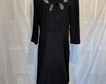 Genuine Vintage Black Beaded Crepe Dress 1940s M/L